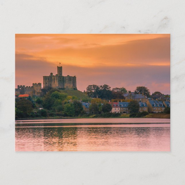 Warkworth Village and Castle at sunset Postcard (Front)