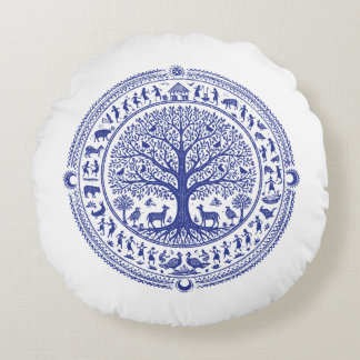 Warli Art Indian Tribal Illustration | Minimalist  Round Cushion