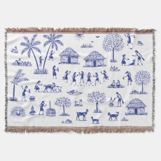 Warli Art Indian Tribal Illustration Throw Blanket