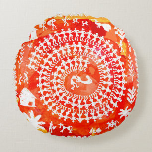 Warli painting - hand drawn traditional the ancien round cushion