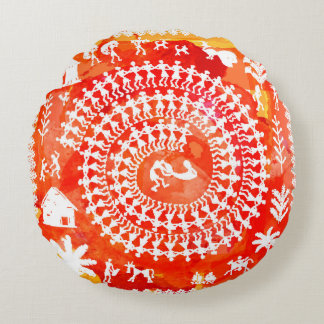 Warli painting - hand drawn traditional the ancien round cushion