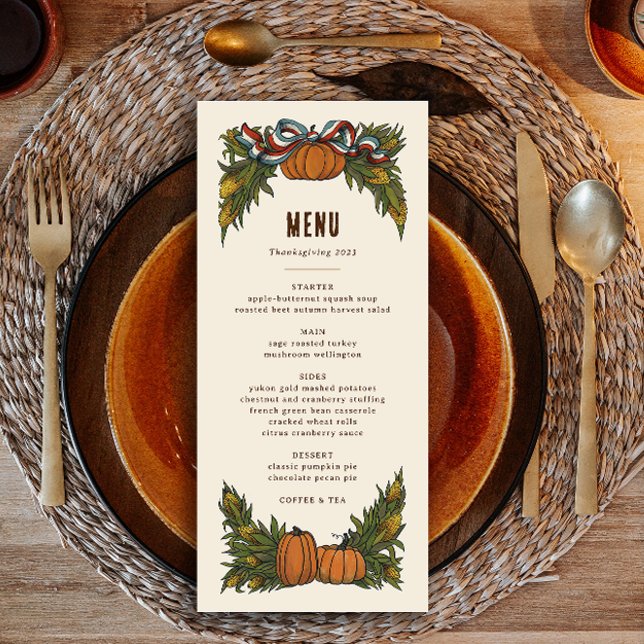 Warm Americana Harvest Thanksgiving  Menu (autumn harvest thanksgiving dinner menu with illustrated swags of corn stalks, pumpkin and ribbon)