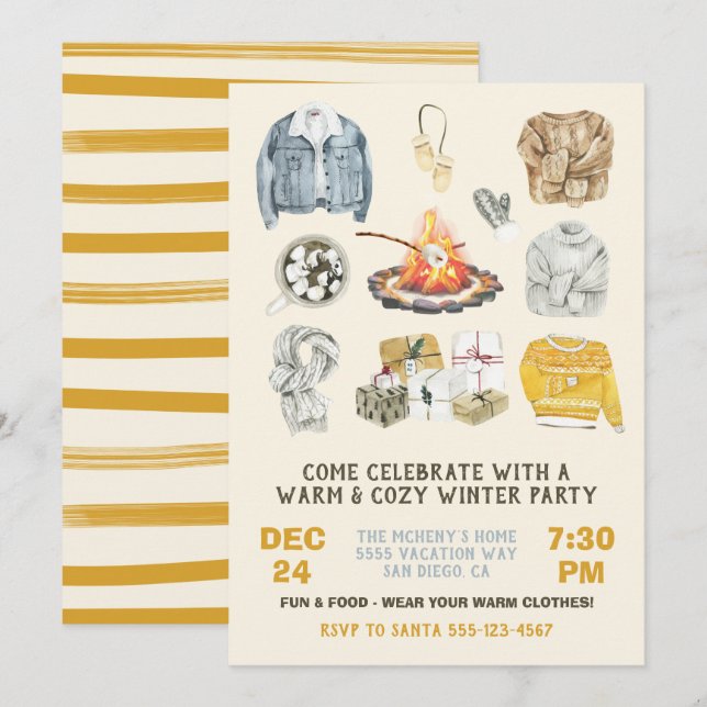 Warm and Cosy Winter Party Christmas bonfire Invitation (Front/Back)