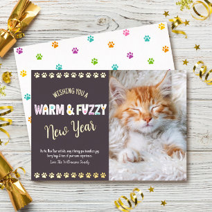 Warm and Fuzzy New Year Pet Photo Plum Real Gold Foil Holiday Card