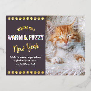 Warm and Fuzzy New Year Pet Photo Purple Real Gold Foil Holiday Postcard