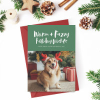 Warm and fuzzy wishes green funny pet holiday card