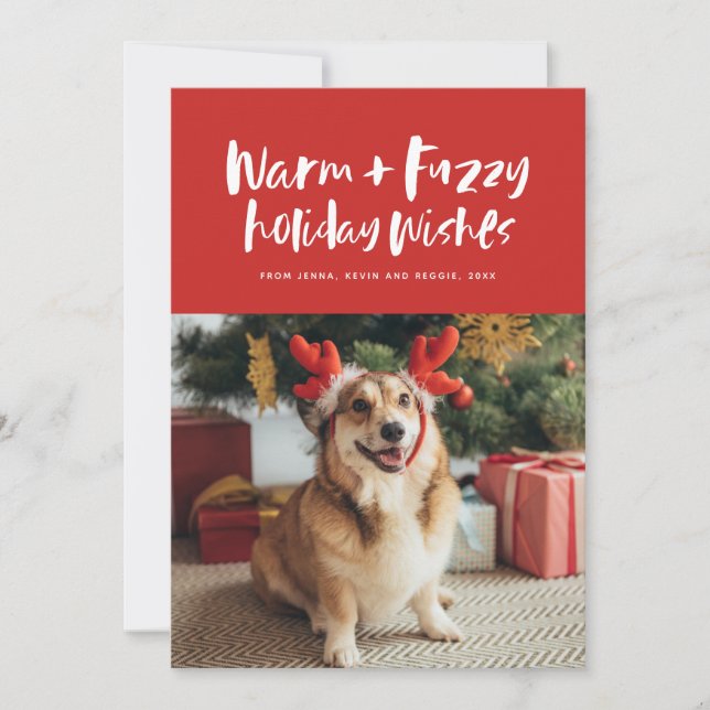 Warm and fuzzy wishes red funny pet holiday card (Front)