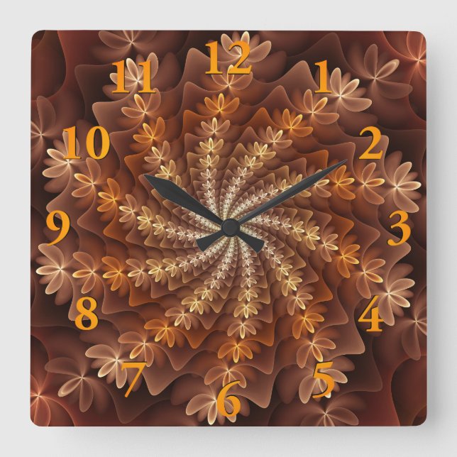 Warm Autumn Colours, Modern Abstract Fractal Art Square Wall Clock (Front)