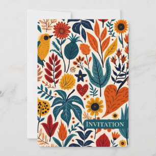 Warm Autumn Floral Folk Art Wedding Invitation