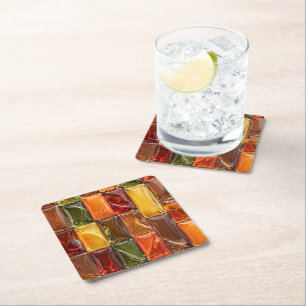 Warm Autumn Glass Tile Mosaic - Glossy Amber Square Paper Coaster