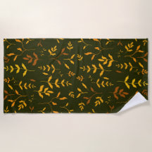 Warm Autumn Gold Leaves Dark Green Pattern