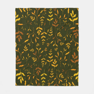 Warm Autumn Gold Leaves Dark Green Pattern Fleece Blanket