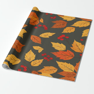 Warm Autumn Leaves Pattern on Dark Grey Background Wrapping Paper