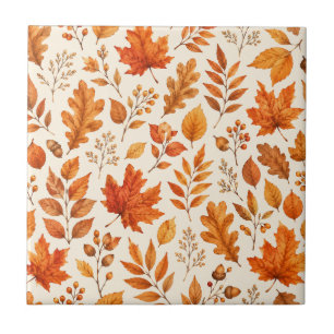 Warm Autumn Leaves Seamless Pattern Ceramic Tile