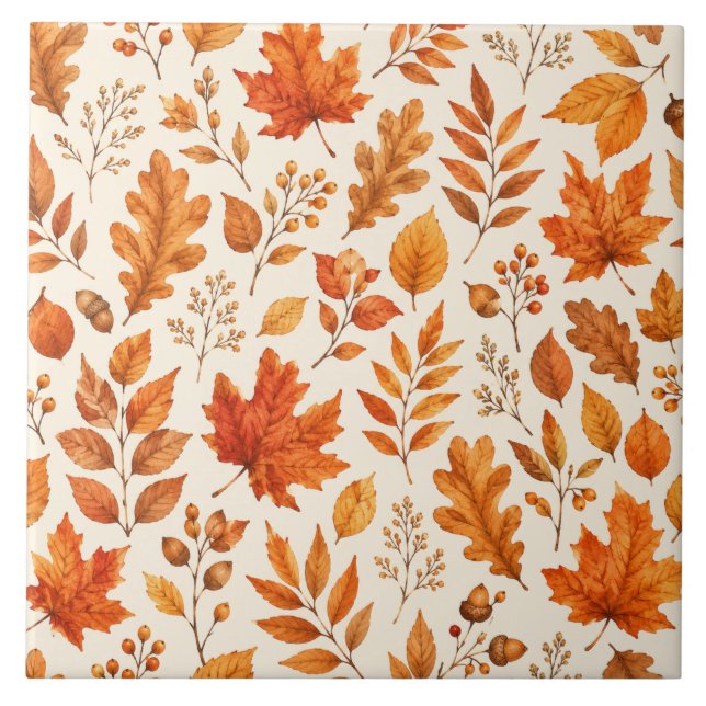 Warm Autumn Leaves Seamless Pattern Ceramic Tile (Front)
