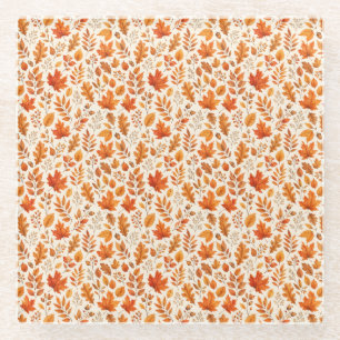 Warm Autumn Leaves Seamless Pattern Glass Coaster