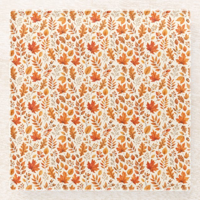Warm Autumn Leaves Seamless Pattern Glass Coaster (Front)