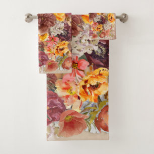 Warm Autumn Orange Burgundy Watercolor Floral   Bath Towel Set