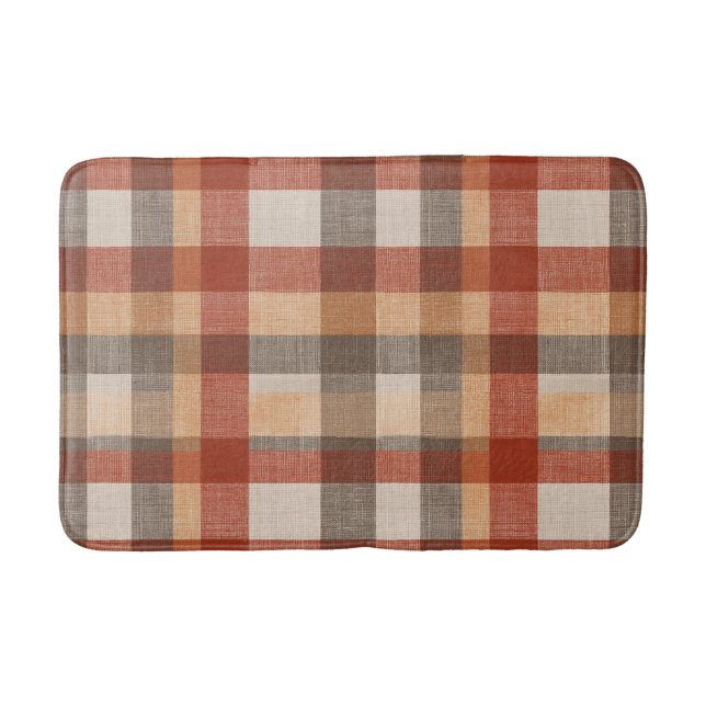 Warm Autumn Plaid Fabric Texture in Rust and Beige Bath Mat (Front)