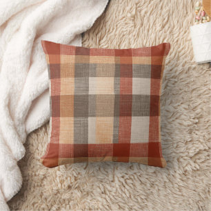 Warm Autumn Plaid Fabric Texture in Rust and Beige Cushion
