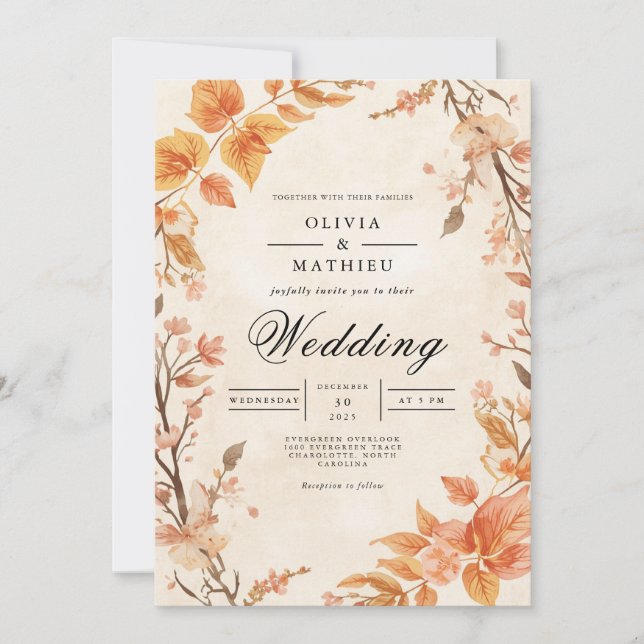 Warm Autumnal Bloom Flourish Wedding Invitation (Front)