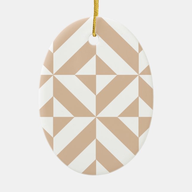 Warm Beige Geometric Deco Cube Pattern Ceramic Ornament (Front)