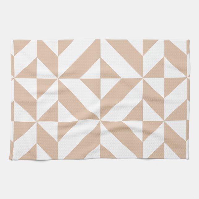 Warm Beige Geometric Deco Cube Pattern Tea Towel (Horizontal)