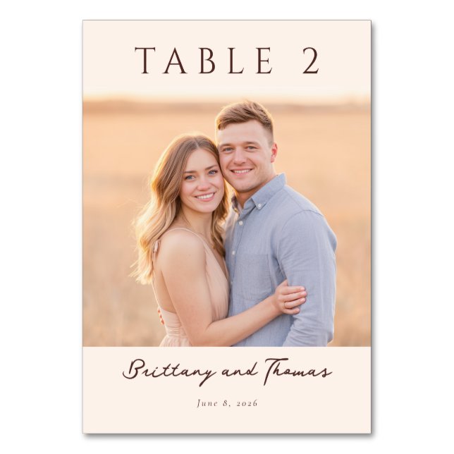 Warm Beige Minimalist Photo Table Number (Front)