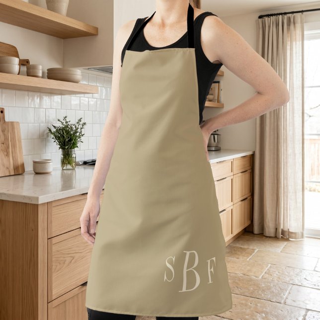 Warm Beige Monogram Kitchen Gift Apron (Monogram Warm Beige Boho Neutral Kitchen Gift Apron)