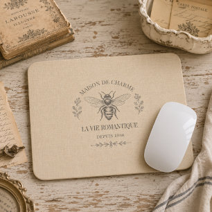 Warm Beige Vintage French Country Engraving Bee Mouse Pad