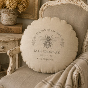 Warm Beige Vintage French Country Engraving Bee Round Cushion