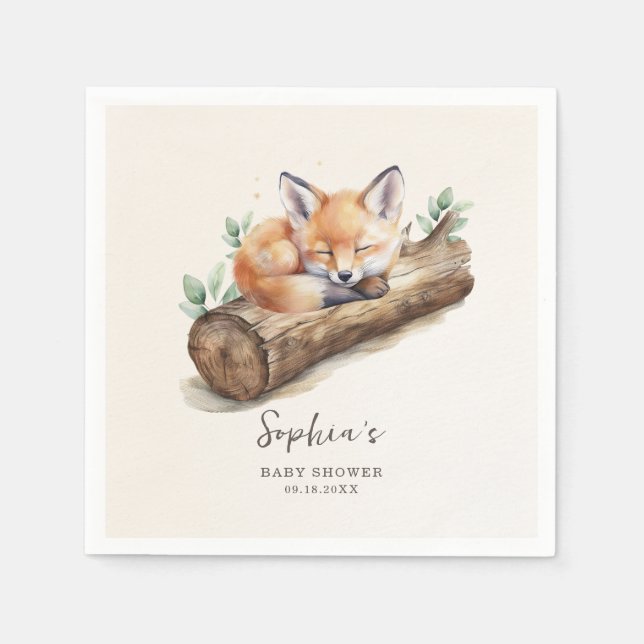 Warm Beige Woodland Fox Baby Shower Paper Napkin (Front)
