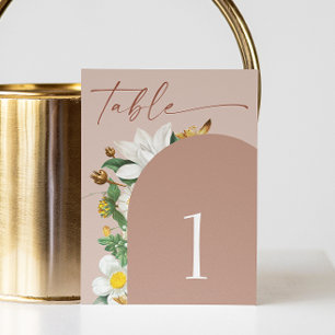 Warm Blush Beige Florals Wedding Muted Clay Arch Table Number