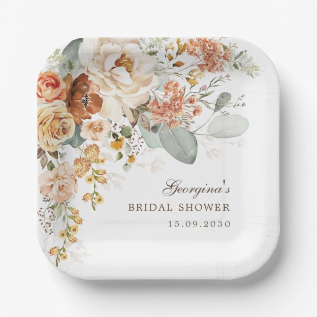 Warm Bohemian Burnt Orange Flower Bridal Shower Paper Plate (Front)