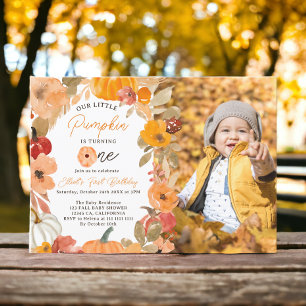 Warm Boho fall Little Pumpkin First Birthday photo Invitation