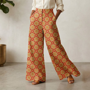 Warm Boho Red Orange Yellow Geometric Floral Fabric