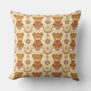 Warm Boho Teddy Bear and Autumn Floral Seamless Cushion