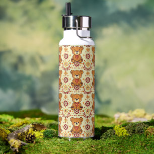 Warm Boho Teddy Bear and Autumn Floral Seamless Water Bottle