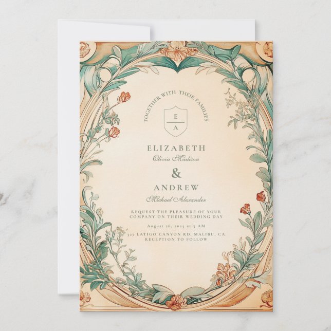 Warm Botanical Frame wedding Invitation (Front)