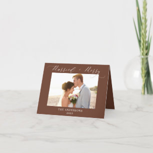 Warm Brown 2 Photo Merry and Married Christmas  Thank You Card