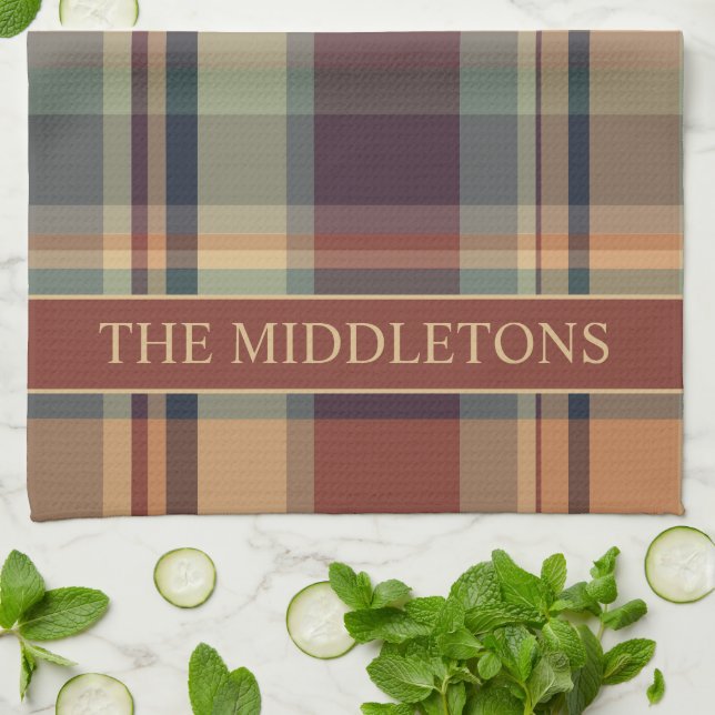 Warm Brown and Cream Plaid Personalised Tea Towel (Folded)