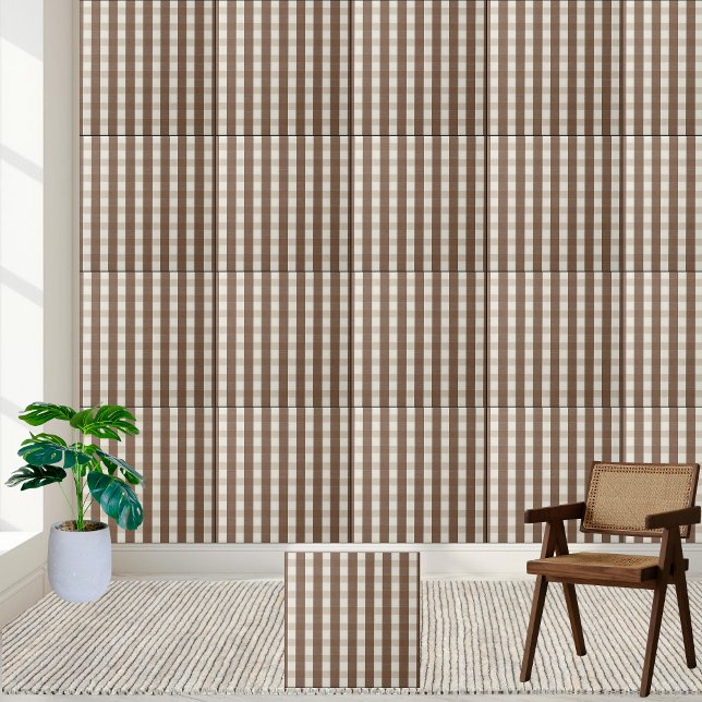 Warm Brown and White Chequered Gingham Pattern  Ceramic Tile (Warm Brown and White Checkered Gingham Pattern Ceramic Tile)