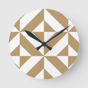 Warm Brown Geometric Deco Cube Pattern Round Clock