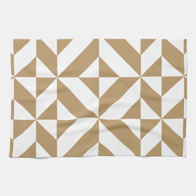 Warm Brown Geometric Deco Cube Pattern Tea Towel (Horizontal)