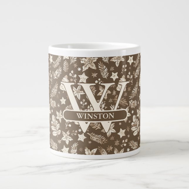 Warm Brown Holly and Pinecone Holiday Design Large Coffee Mug (Front)