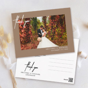 Warm Brown Modern Script Photo Wedding Thank You Postcard