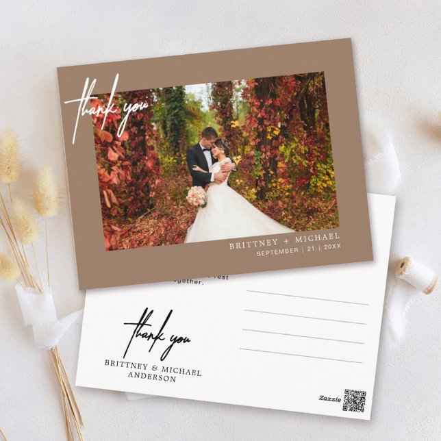 Warm Brown Modern Script Photo Wedding Thank You Postcard (Creator Uploaded)