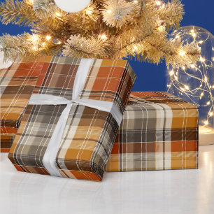 Warm Brown Orange Autumn Grid Maple Plaid Pattern Wrapping Paper