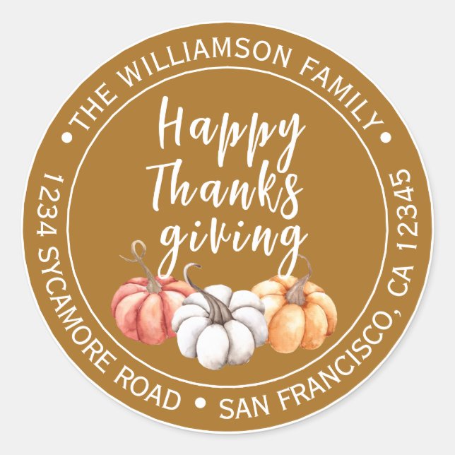 Warm Brown Pumpkin Thanksgiving Return Address Classic Round Sticker (Front)