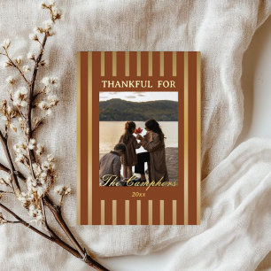 Warm Brown Stripes Thanksgiving Family Photo Gold Foil Holiday Card